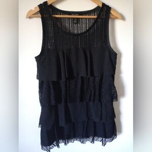 White House Black Market Black Tiered Ruffle Lace Sleeveless Top Size Medium